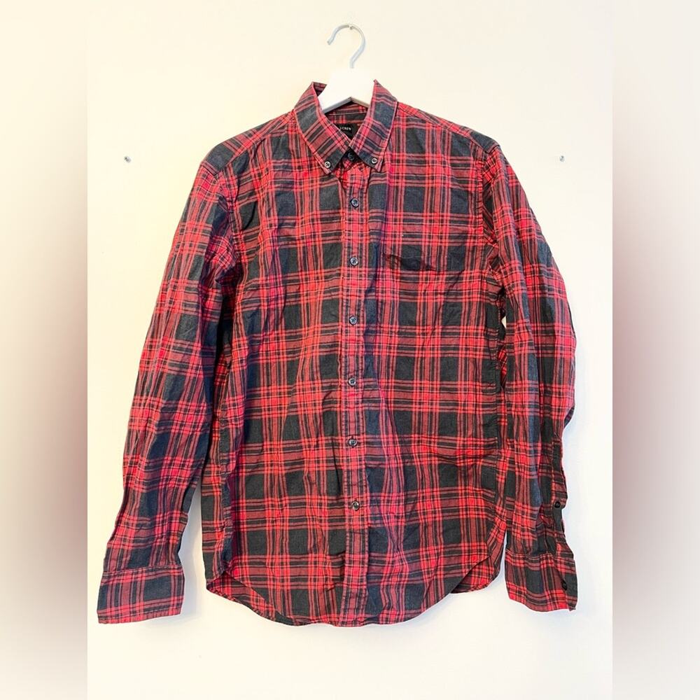J crew mens red plaid button down holiday Christmas cotton